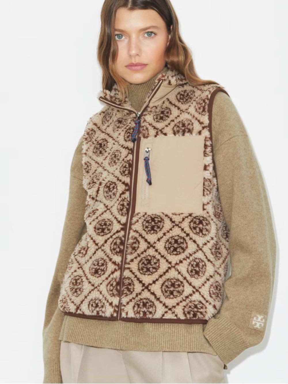 Tory Burch OATMEAL T MONOGRAM FLEECE VEST XS Tory Burch full-zip Fleece Vest